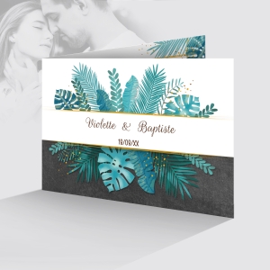 beau faire-part de mariage avec feuille exotique original avec photo fond ardoise