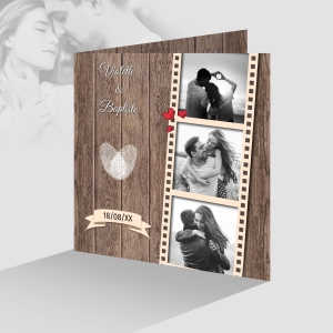 beau faire-part de mariage élégant fond bois avec beaucoup de photos et programme du mariage original