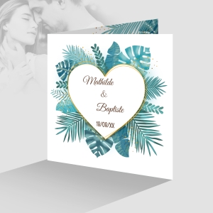 beau faire-part de mariage feuille exotique jungle en forme de coeur original photo