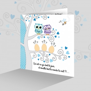 beau faire-part de naissance 3 bébés triplés original coeur à gratter jolies chouettes