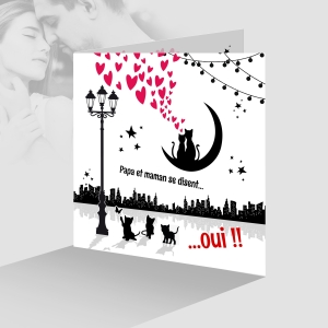 beau faire part mariage avec 3 enfants rigolo avec famille de chat rétro style parisien