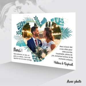 belle carte de remerciement chic tendance avec feuille de palmier exotique avec photo