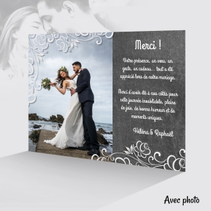 belle carte de remerciement mariage élégante avec photo fond ardoise