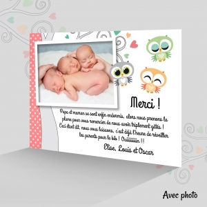 belle carte de remerciement triplés mixtes filles et garçons