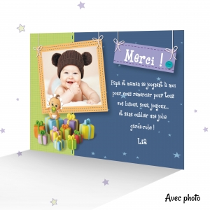 Carte Merci pour un Bébé Garçon Amusant avec tous les Cadeaux - Joli faire  part