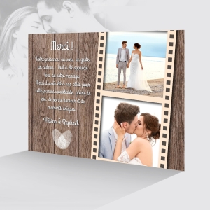 Carte de remerciement de mariage avec 2 photo originale et fond en bois rétro
