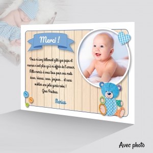 Carte de remerciement garçon avec un joli petit ourson bleu avec ou sans photo