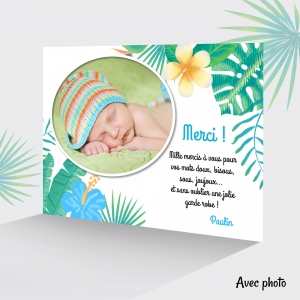 Carte de remerciement garçon fleurs tropicales bleus