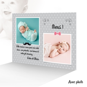 carte de remerciement jumeaux mixte avec 2 photos