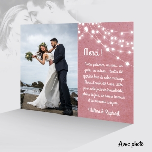 carte de remerciement mariage fond kraft rose et guirlande lumineuse originale