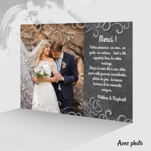 Carte de remerciement mariage original avec fond ardoise chic avec photo et dentelle