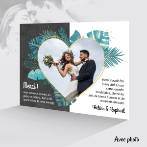 carte de remerciement mariage original exotique avec fond ardoise et photo