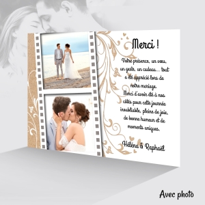 carte de remerciement mariage photo fond kraft avec fleurs