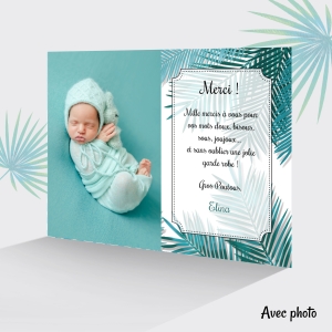 Carte de remerciement naissance jungle avec feuillage tropical vert photo