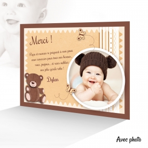 Carte de Remerciement Originale Photo avec Adorable Ourson Marron