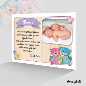 Carte de remerciement originale pour des jumeaux avec Photo