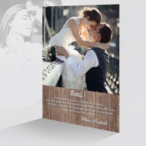 carte de remerciement photo chic élégante originale avec fond en bois