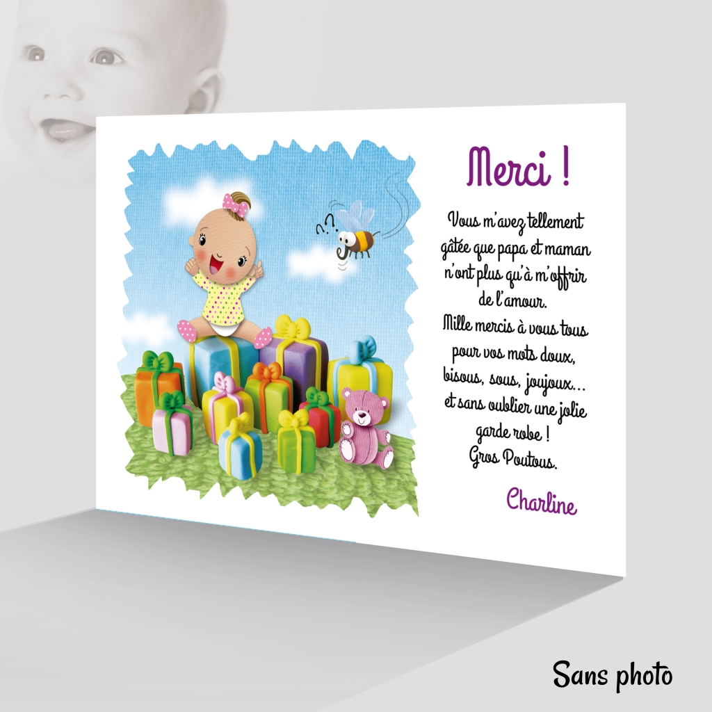 Carte Remerciement de Naissance Bébé Fille sur des Cadeaux