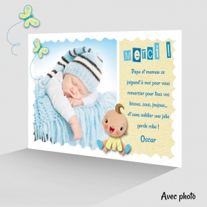 Carte de Remerciement Tendresse Photo Garçon Bébé Biberon et Doudou