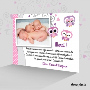 Carte de remerciement triplés fille avec photos chouette originale