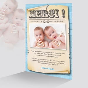 Carte de remerciements jumeaux Rigolote avec photo garçon WANTED