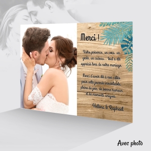 carte de remerciment fond bois originale chic avec feuille de palmier photo