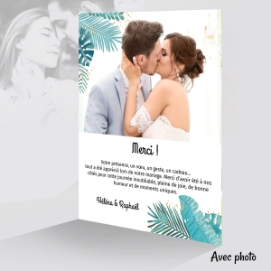 carte de remerciment photo pour le mariage sur le thème de la jungle avec feuilles original photo