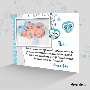 Carte merci garçon photo jumeaux originale chouettes