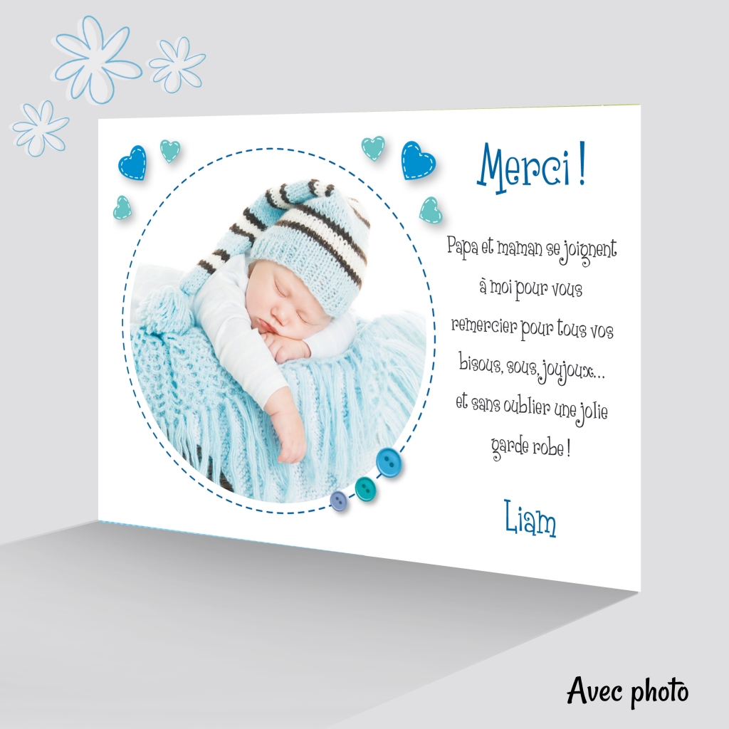 Carte Merci pour un Bébé Garçon Amusant avec tous les Cadeaux - Joli faire  part