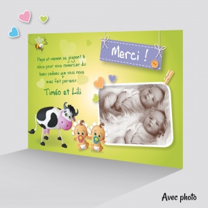 Carte pour dire Merci Jumeaux Fille et Garçon Photo Unique avec une Vache