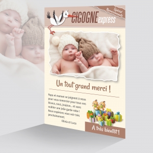 Carte Remerciement Jumeau Journal Humour Bébés sur une Pile de Cadeaux