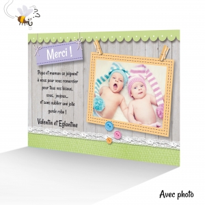 Carte remerciement jumeaux Fille et Garçon Mixte avec Textes et Photo