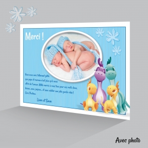 Carte Remerciement Jumeaux Garçon Petites Fleurs Famille de Dinosaures