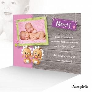 Carte Remerciement Jumeaux Original Photo pour des Bébés Fille Rose