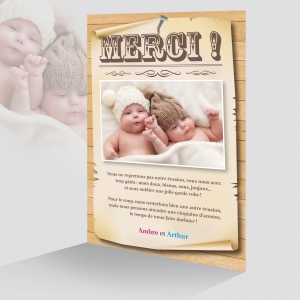 Carte remerciement jumeaux WANTED 1 Fille et 1 Garçon avec photo 