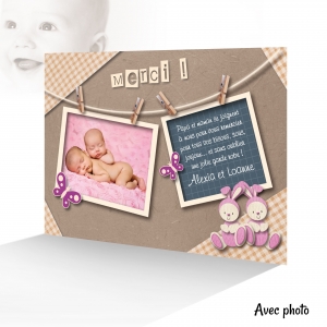 Carte Remerciement Jumelles Originale Adorables Lapins Fille + Photo