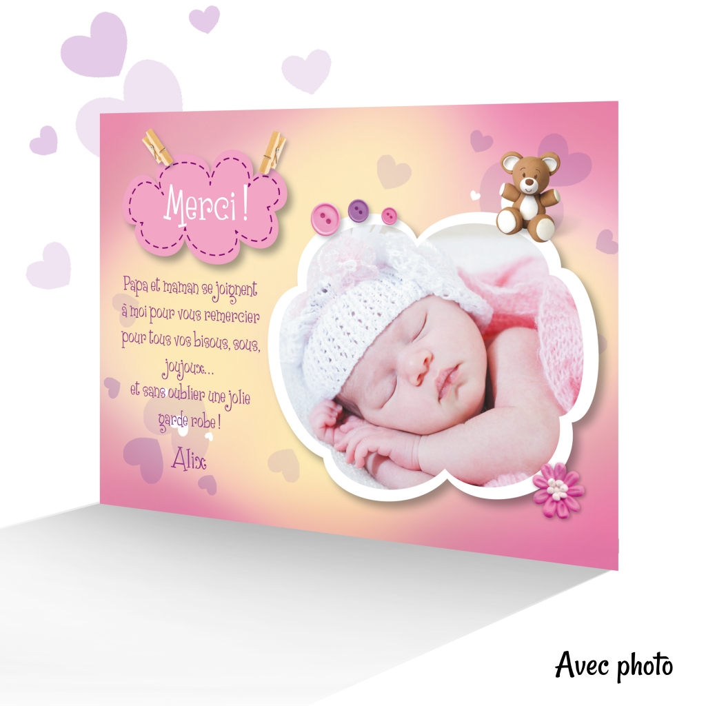 Carte Remerciement Naissance Avec Adorable Bebe Fille Sur Des Cadeaux Joli Faire Part