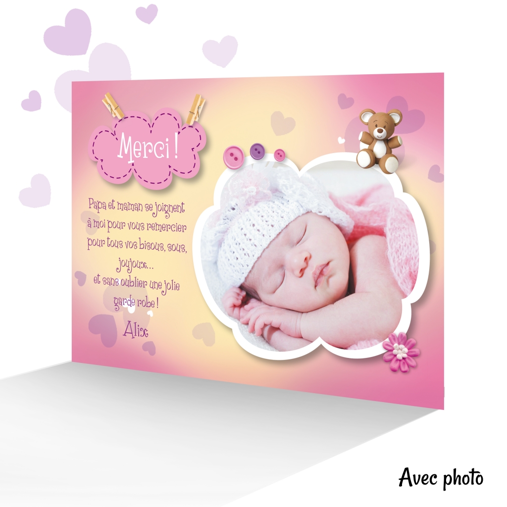 Carte Remerciement de Naissance Bébé Fille sur des Cadeaux