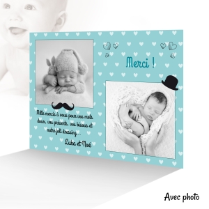 Carte remerciement naissance jumeaux garçon moustache chapeau