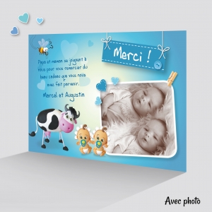 Carte Remerciement Naissance Photo Original Jumeaux Garçon avec Vache Drôle