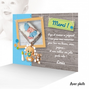 Carte Remerciement Original garçon Photo avec un Adorable Doudou 