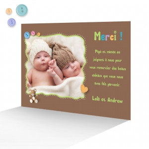 Carte Remerciement Photo Jumeaux Mixte Tendance Cœur et Boutons