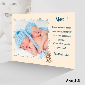 Carte Remerciement Spéciale Jumeaux Garçon Humoristique avec 1 Photo