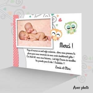 Carte remerciement triplés originale chouettes