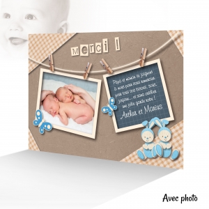 Carte Remerciements Jumeaux Garçon Mignons Lapins tout Doux + Photo