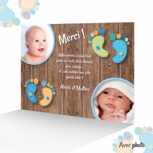 Carte Remerciements Jumeaux Garçon Tendance Empreintes de Pieds Photos