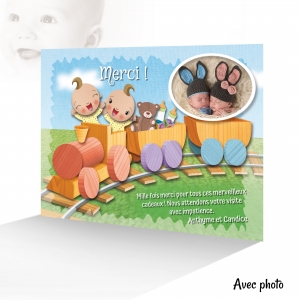 Carte Remerciements Jumeaux Originale Train avec Cadeaux des Bébés