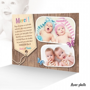 Carte Remerciements Naissance Jumeaux Fille et Garçon Oursons Mignons