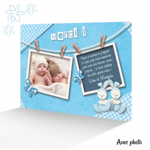 Carte Remerciements Tendresse Original Jumeaux Garçon Bleu + Photo