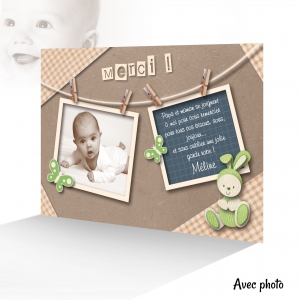 Carte Remerciements Tendresse Photo sur Fil à Linge et Doudou du Bébé